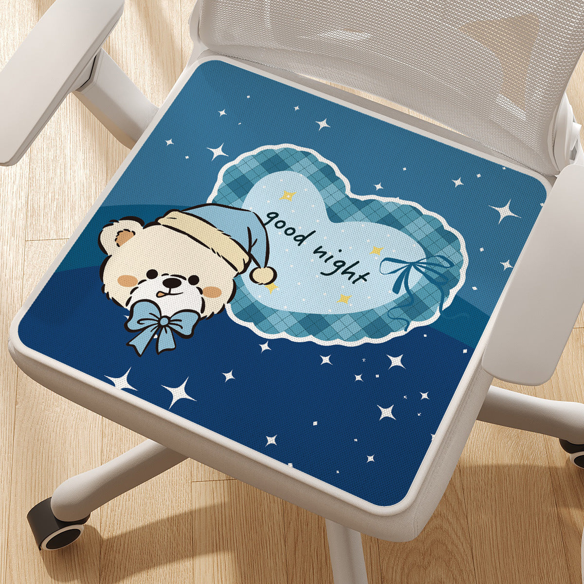 Plush Ergonomic Chair Seat Cushion Pad with Non-Slip Backing and Cute Teddy Illustration