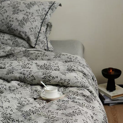 Leinen-Baumwolle Floral Bettbezug Set mit Jacquard-Struktur und gepipten Kissenbezügen