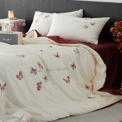 Luxuriöses Baumwollsatin-Bettbezug-Set mit bestickten Schmetterlingsmotiven und wendbarem Design