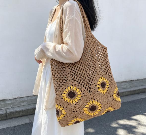 Handgeknüpfte Baumwolltasche mit Sonnenblumenmuster Brehn