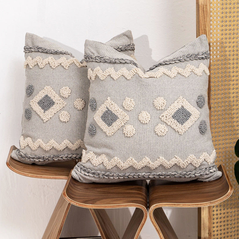 Texturiertes Boho geometrisches tufted Kissen mit geflochtenem Rand und abnehmbarem Reißverschlussbezug