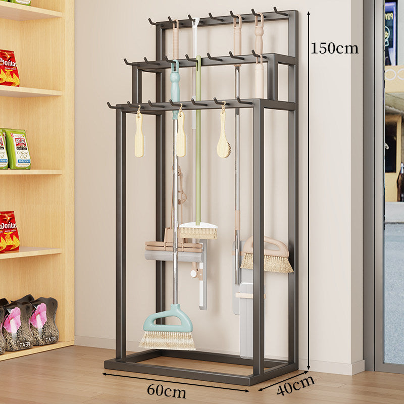 Vertikaler Mop- und Besen-Organizer-Rack mit Mehrfachhaken-Aufbewahrung