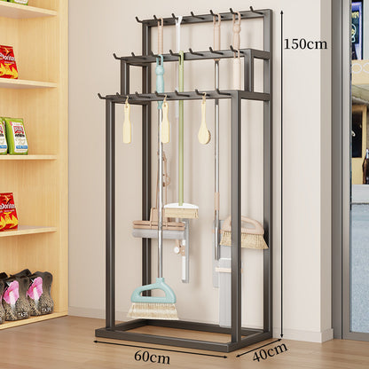 Vertikaler Mop- und Besen-Organizer-Rack mit Mehrfachhaken-Aufbewahrung