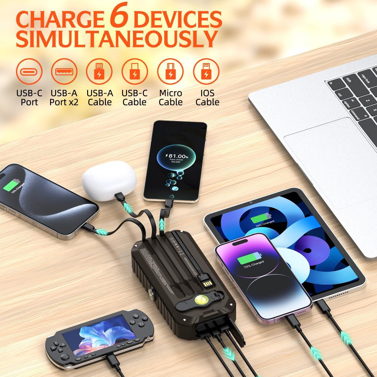 Solar-Powerbank mit Integrierten Ladekabeln und LED-Taschenlampe Brehn