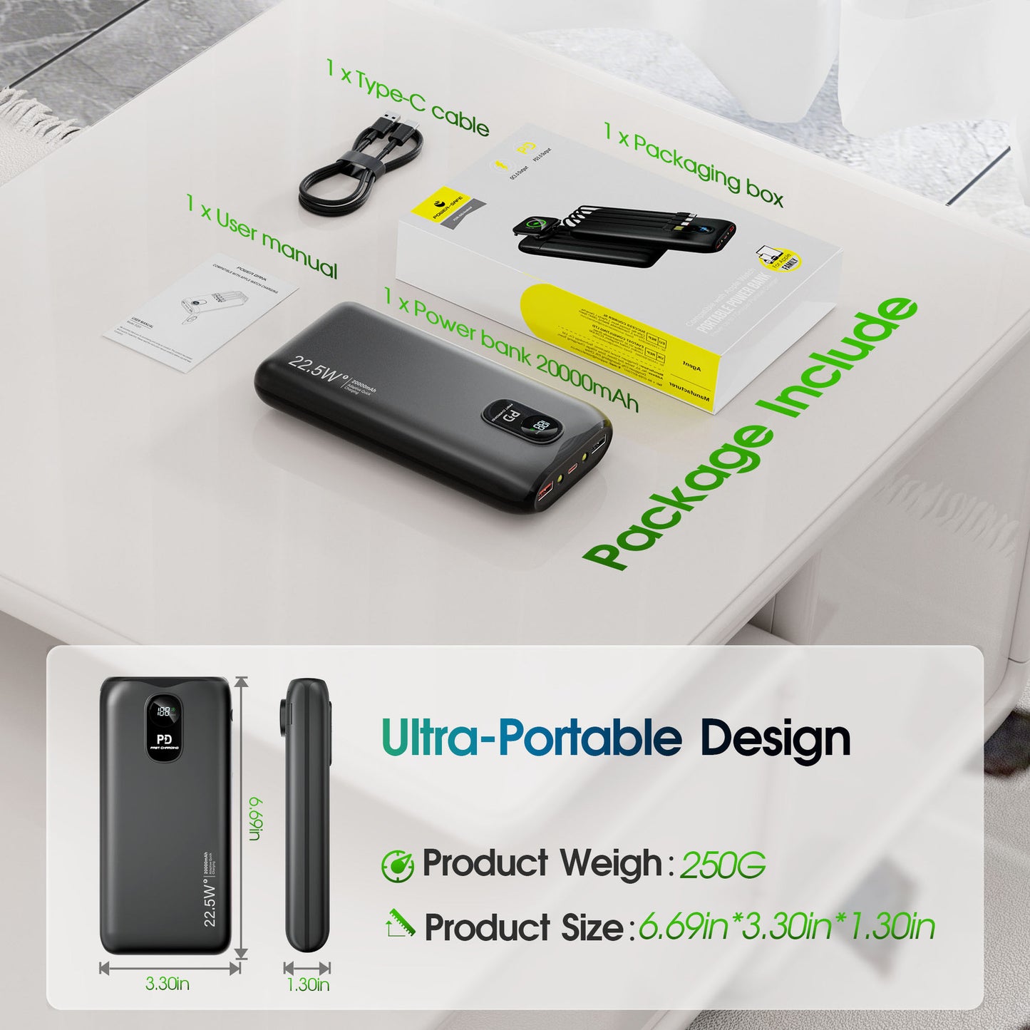 Tragbare Powerbank mit Integrierten Ladekabeln und Lcd-Bildschirm Brehn