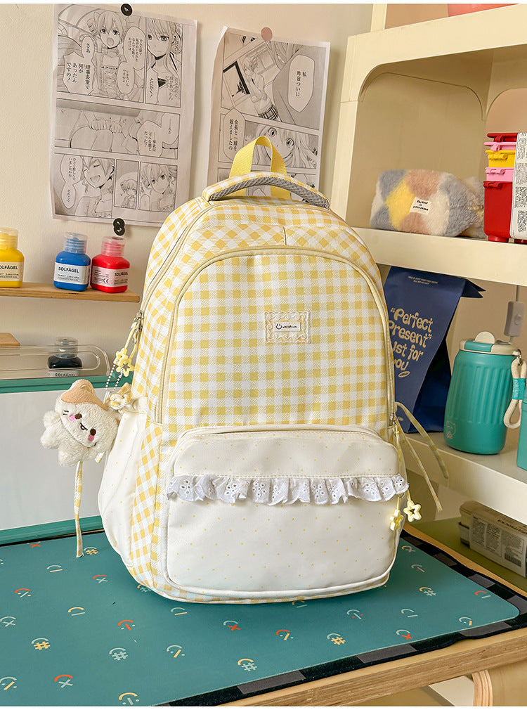 Niedlicher kariert gemusterter Mehrfach-Taschen-Schulrucksack