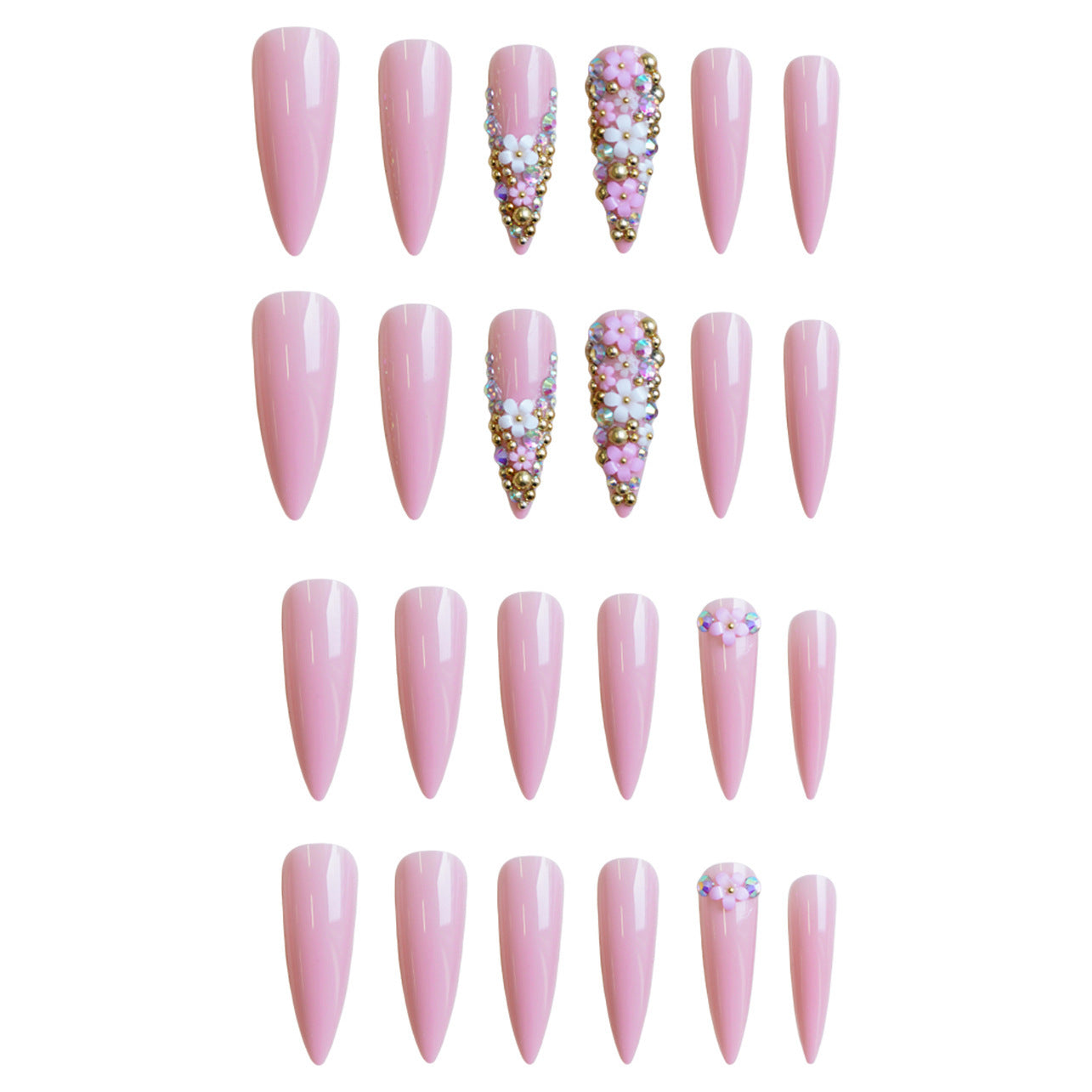 Kunstnagelset mit floralen 3D-Verzierungen und Glitzer Brehn