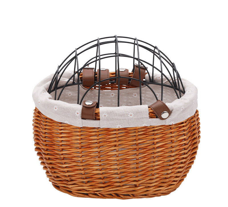 gewebter Rattan-Tiertragekorb mit abnehmbarem Leinenfutter und faltbarem metallischem Sicherheitsdome Brehn