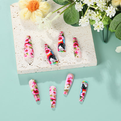 Exquisite Kunstnägel mit buntem Blumen- und Papageienmotiv Brehn