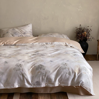 Premium-Baumwollsatin-Duvetbezuggarnitur mit floralem Jacquard-Relief und Knopfverschluss
