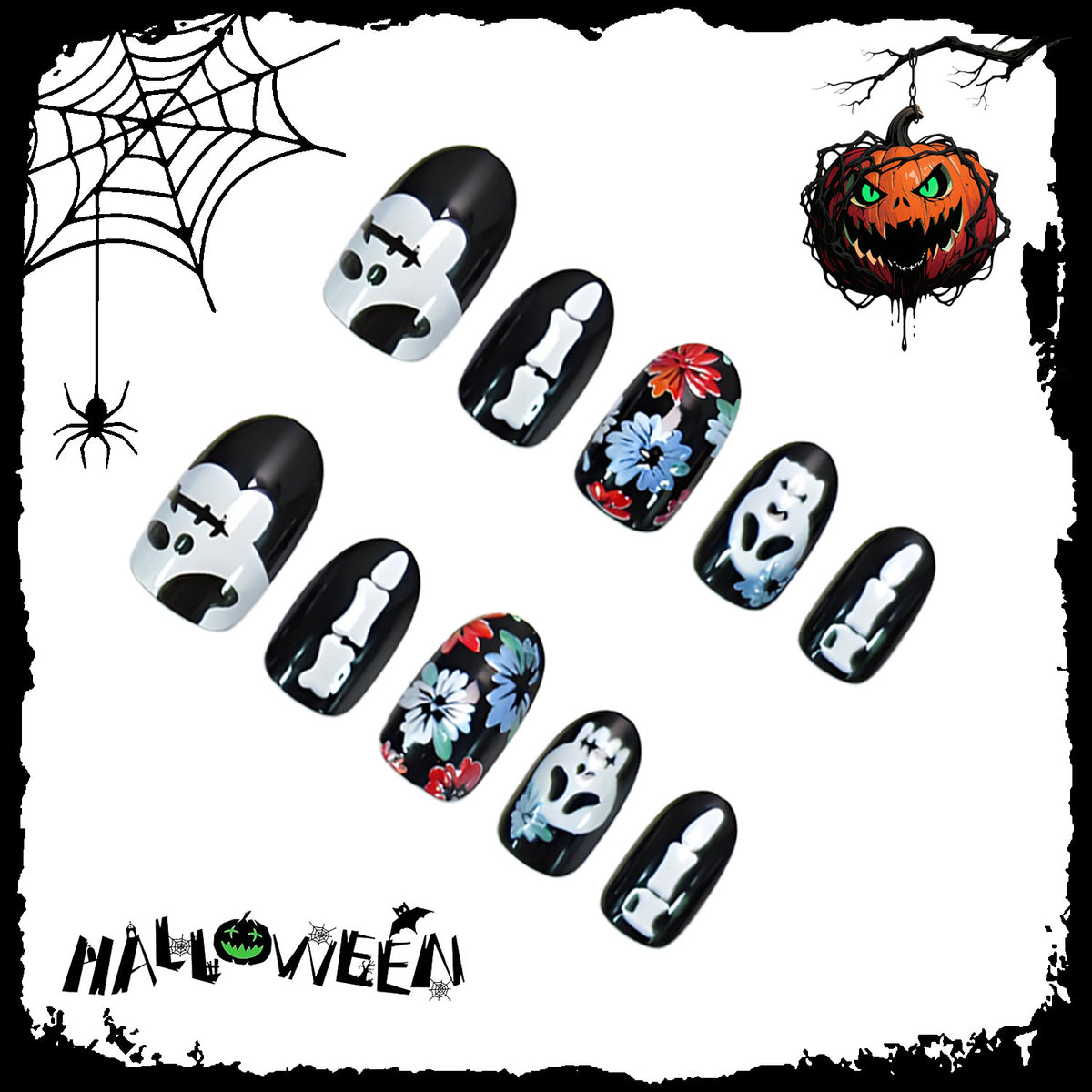 Kunstnagelset mit gruseligen Halloween-Motiven und floralen Verzierungen Brehn