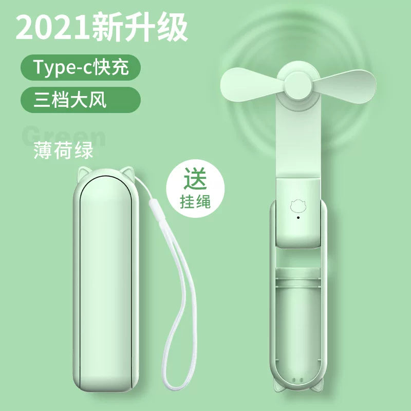 Unisex Einheitsgröße faltbarer wiederaufladbarer Dreifach-Handheld-Mini-Ventilator mit integriertem Powerbank USB-C und USB-A Anschlüssen sowie Handgelenksschlaufe Brehn