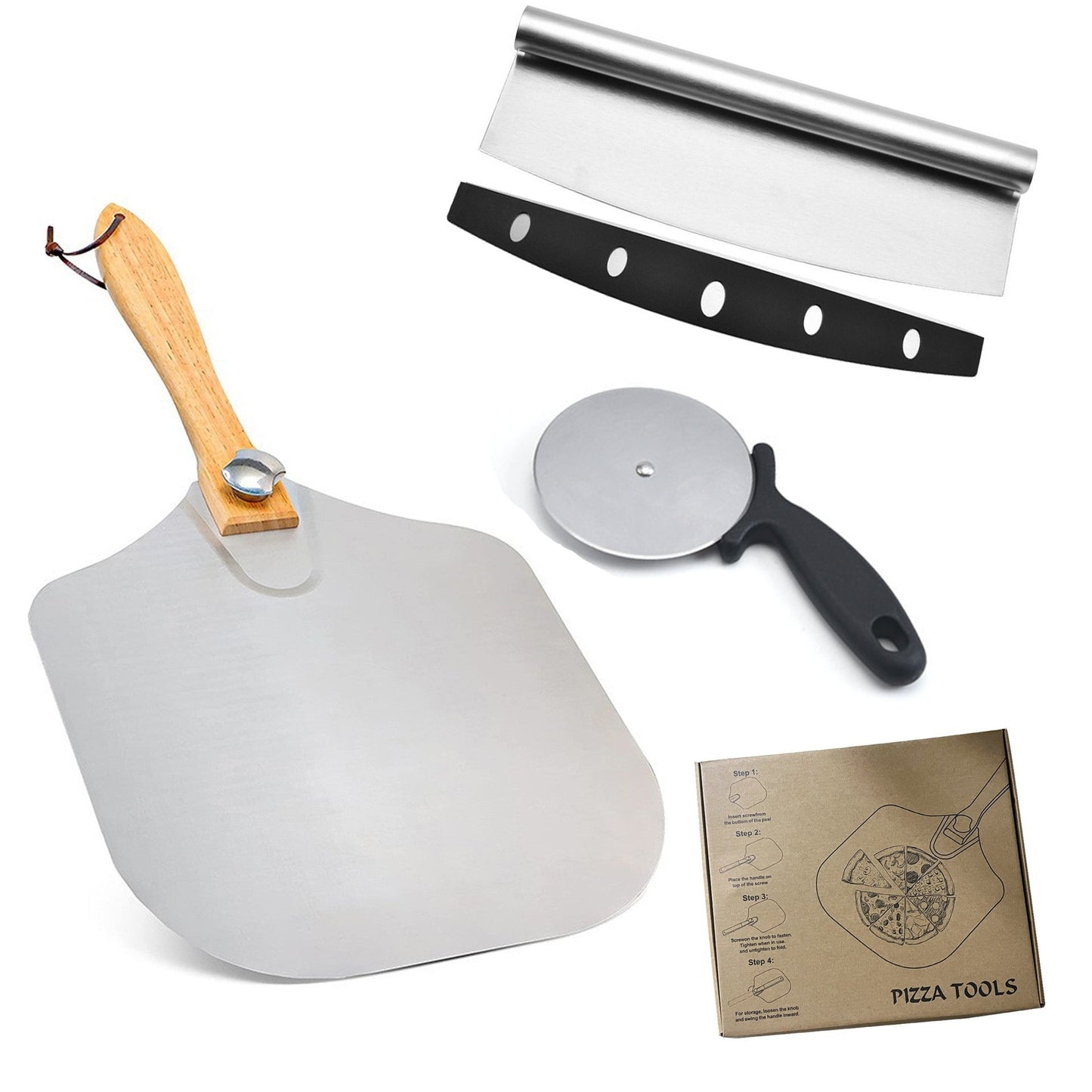 professionelles Pizzaschieber-Set mit klappbarem Edelstahlschaufel ergonomischem Holzgriff Pizzaschneider Rocker und Teigschaber Brehn