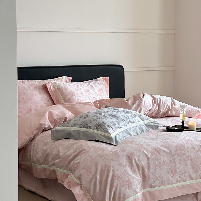 Florales Jacquard Baumwoll-Satin Bettbezug-Set mit Kontrastsaum und Kissenbezügen