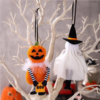 Halloween-Hängedekoration Plüschkürbis mit Tüllkragen und Bandaufhängung