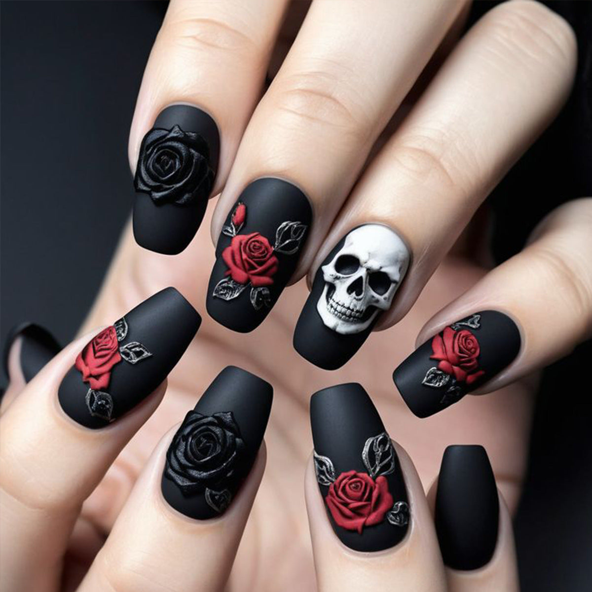 Künstlerische Skull und Rose Nagelkunst Extensions Brehn