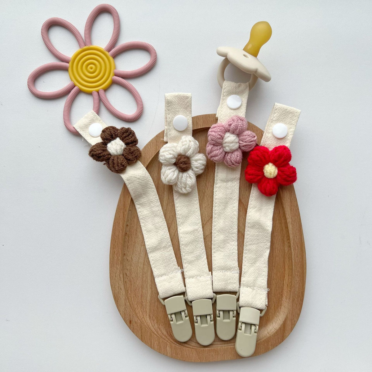 Häkeln Blumen Schnullerclip mit Baumwollriemen