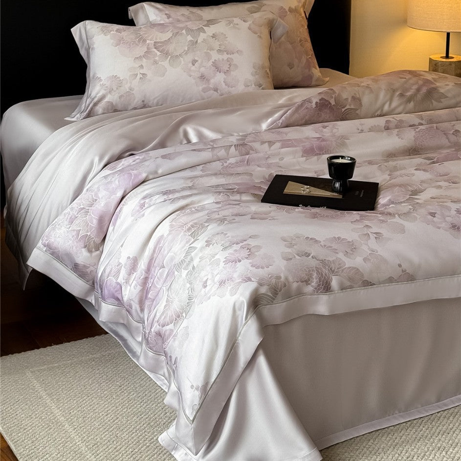 Pastell-Aquarell-Blumen-Satin-Back-Bettbezug-Set mit Paspelabschluss