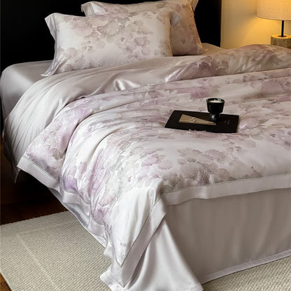Pastell-Aquarell-Blumen-Satin-Back-Bettbezug-Set mit Paspelabschluss