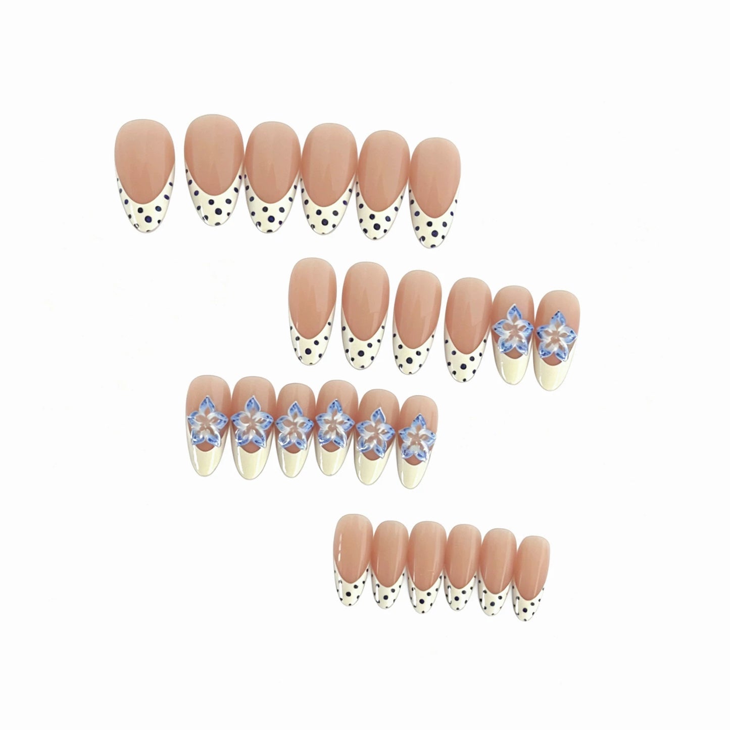 Künstlerisches Press-On-Nagelset mit floralem und Punktedesign Brehn