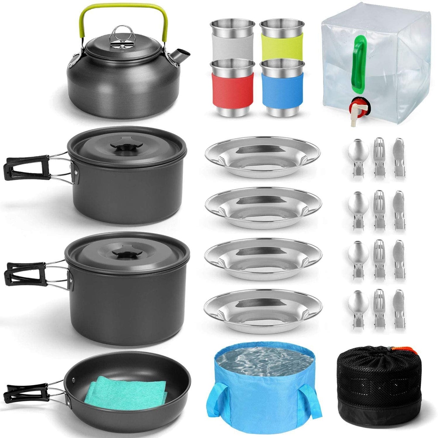 kompakte stapelbare anodisierte Aluminium-Campinggeschirrset mit Wasserkocher, antihaftbeschichteten Töpfen, Bratpfanne, faltbarem Waschbecken, Edelstahlplatten, Tassen Brehn