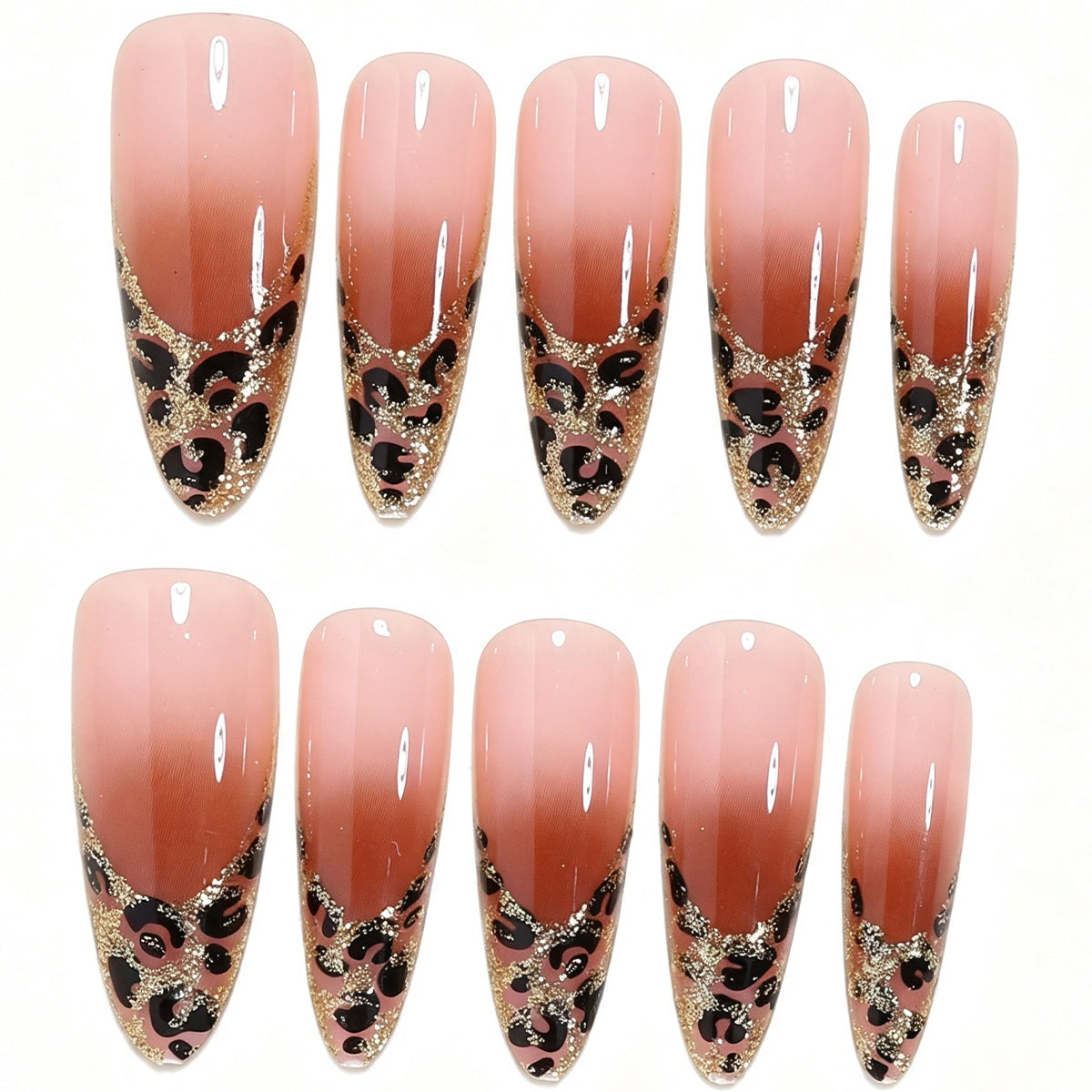 Elegantes Stiletto-Nagelkunstset mit Gold- und Leopardenakzenten Brehn
