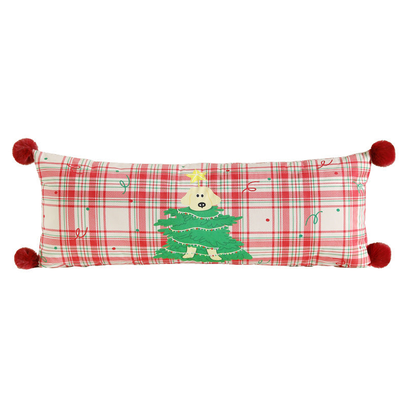 Langes dekoratives Lenden- und Nackenkissen im Weihnachts-Karo mit Pompon und Hund‑Baum‑Motiv Brehn