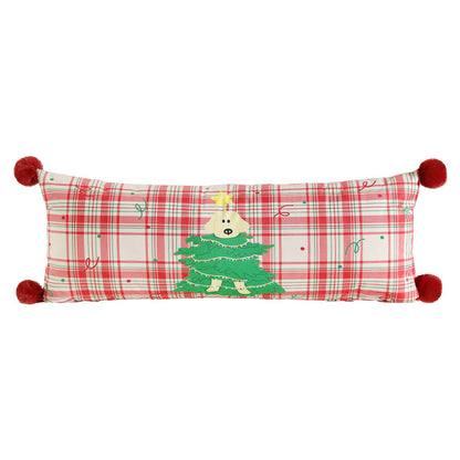 Langes dekoratives Lenden- und Nackenkissen im Weihnachts-Karo mit Pompon und Hund‑Baum‑Motiv Brehn