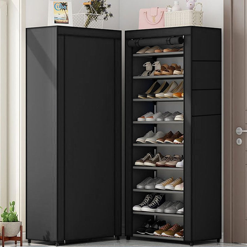hoher vertikaler Schuhschrank mit aufrollbarem Schutzdeckel und klaren Regalplatten Brehn