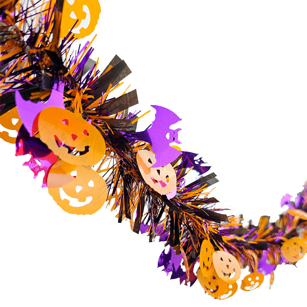 Glänzende Halloween-Girlande aus Kunststoff mit Kürbis-Konfetti und dichten Fransen