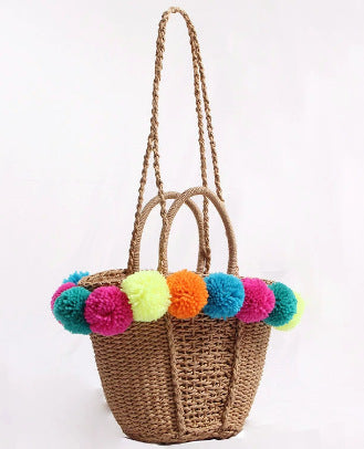 Damen Strandtasche mit bunten Pompons Brehn