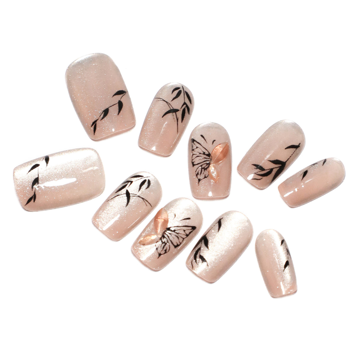 Künstliche Nagelverlängerungen mit floralem Butterfly-Design Brehn