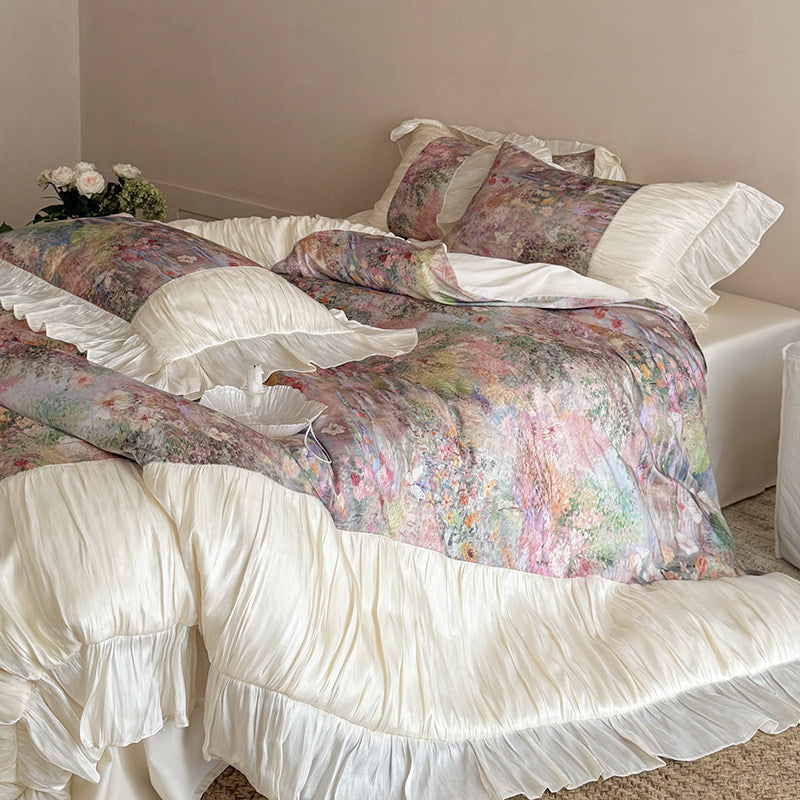 Florales Aquarell Satin Rüsch Bettdeckenbezug Set