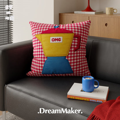 Decorative Gingham Appliqué Coffee Cup Throw Pillow Cover