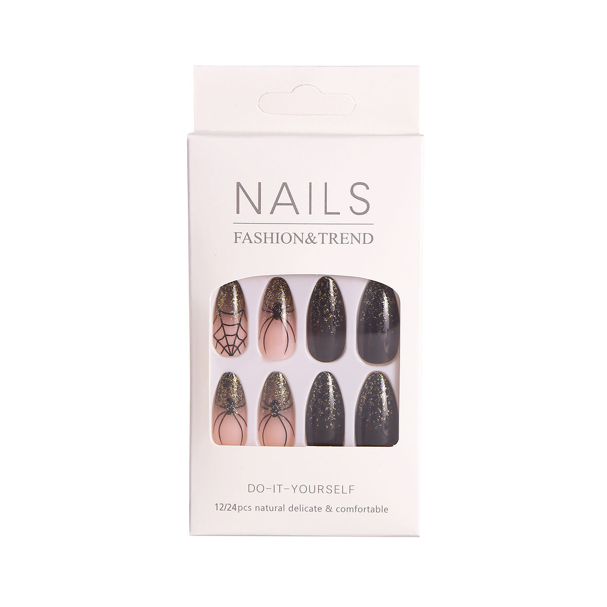 Künstlerisches Press-On Nagelset mit Glitzer und Spinnennetzdesign Brehn