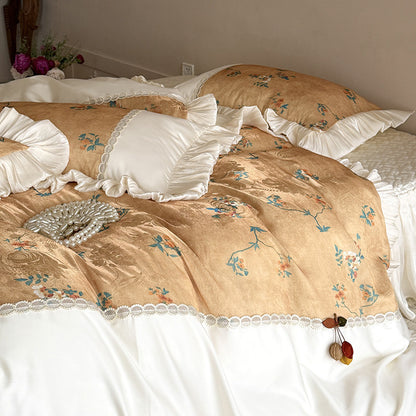 Luxuriöses Floral-Jacquard-Rüsch-Bettbezug-Set mit Spitzenbesatz
