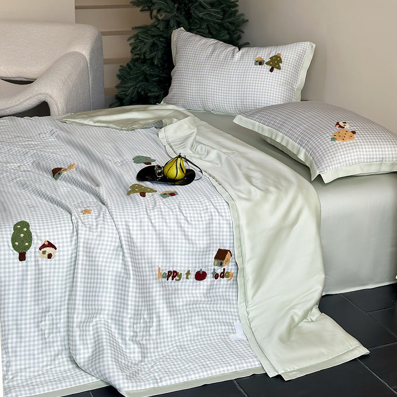 Bettwäsche-Set mit bestickten Teddy-Motiven und feinem Vichy-Karo