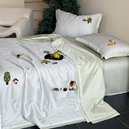 Bettwäsche-Set mit bestickten Teddy-Motiven und feinem Vichy-Karo