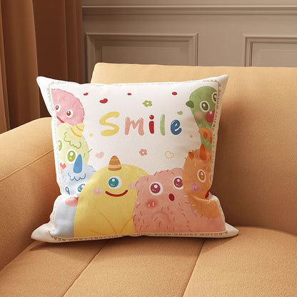 Square Illustrated 'Smile' Microfiber Front Cushion Cover with Hidden Zipper