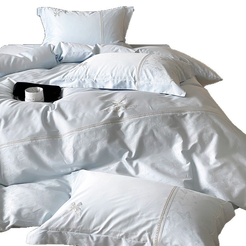 Luxuriöses Baumwollsatin gesticktes Bettbezug-Set mit Hemstichdetails und Kissenbezügen