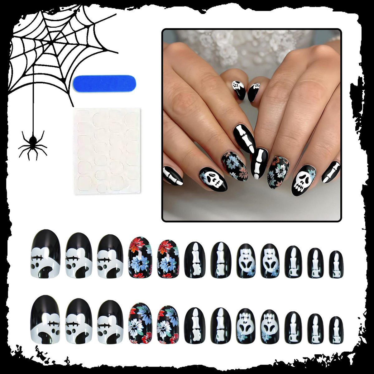 Kunstnagelset mit gruseligen Halloween-Motiven und floralen Verzierungen Brehn