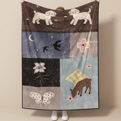 Patchwork Illustrated Plush Throw Blanket with Fleece Backing and Whimsical Animal Panels