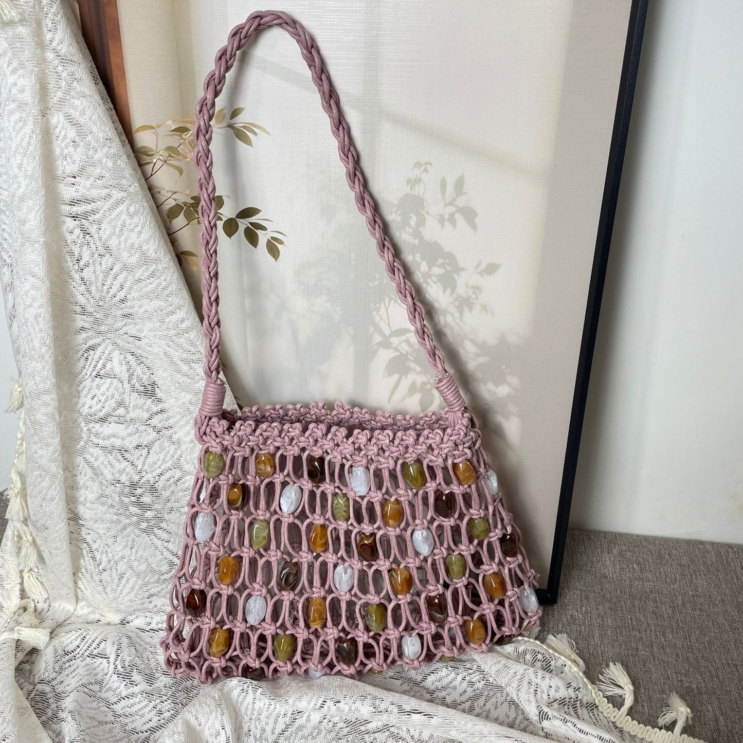 Handgeknüpfte Netztasche mit Dekorativen Perlen Brehn
