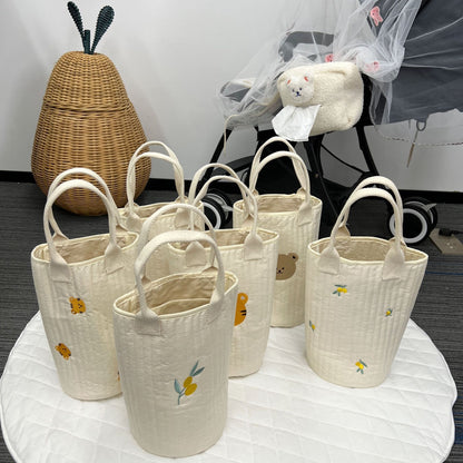 Ge quiltete Baumwoll-Canvas-Tasche mit besticktem Zitronenmuster und kurzen Webbandgriffen