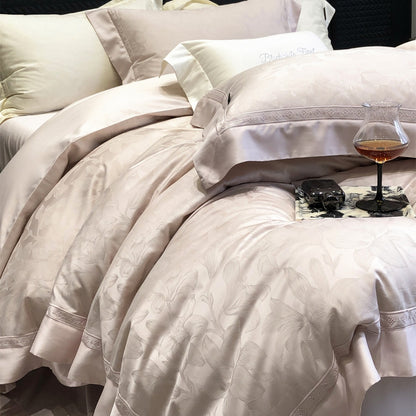 Premium Floral Jacquard Sateen Bettbezug Set mit besticktem Saum