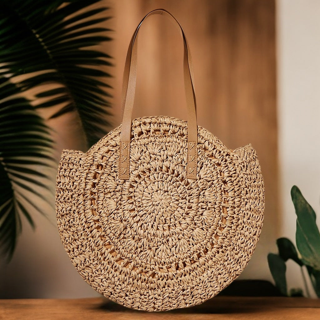 Handgefertigte Runde Basttasche mit Eleganten Ledergriffen Brehn