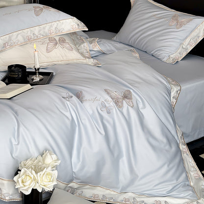 Satin-Gefühl Bestickte Schmetterling Bettbezug Bettwäsche Set
