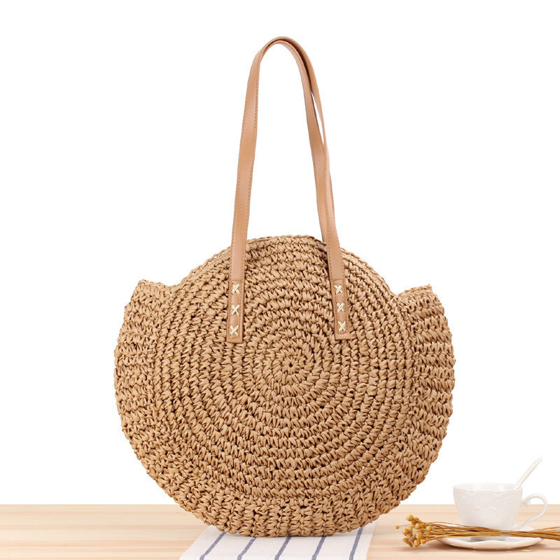 Runde Strohtasche mit Ledergriffen Brehn