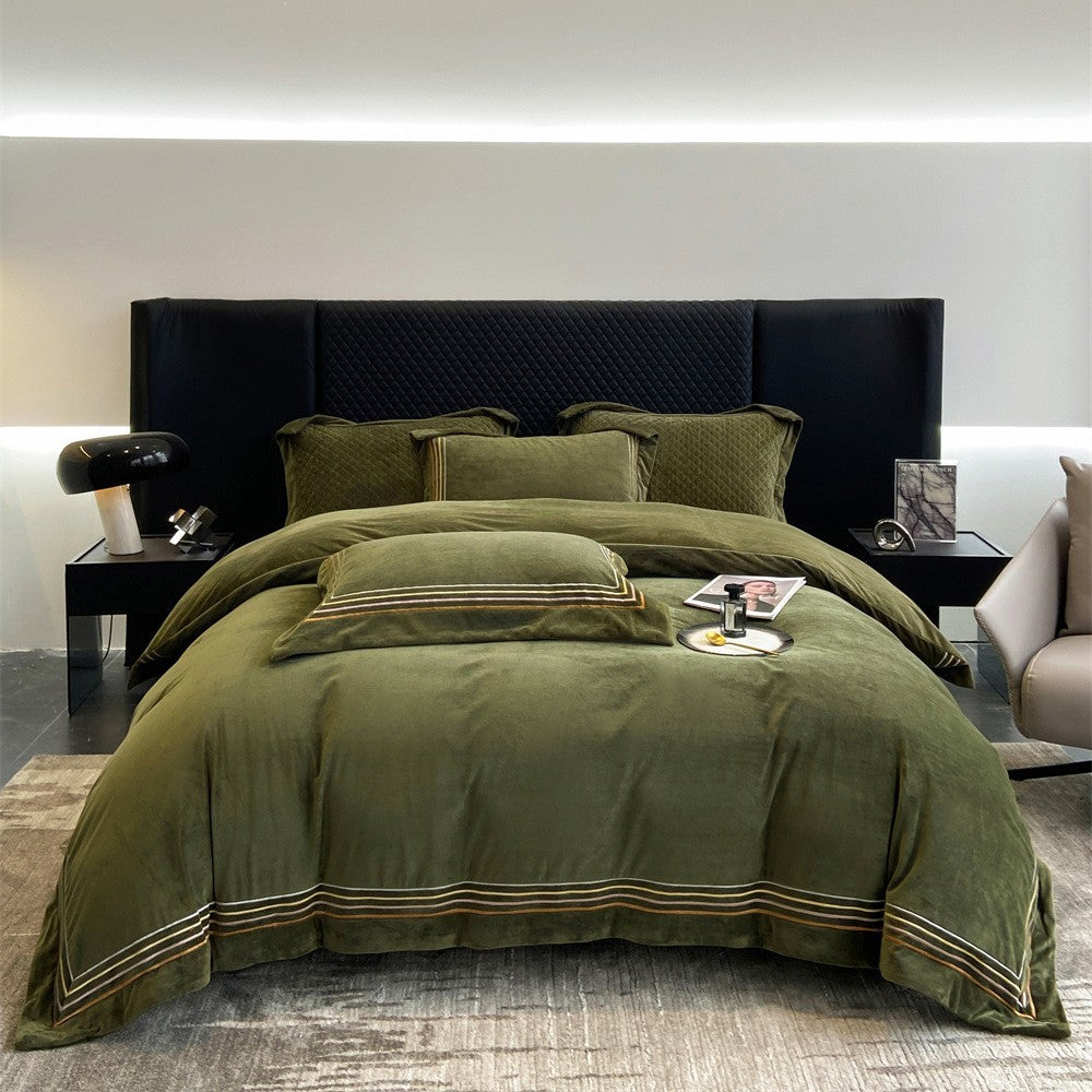 Luxuriöses Velvet Bettbezug- und Kissenbezug-Bettwäsche-Set mit besticktem Saum