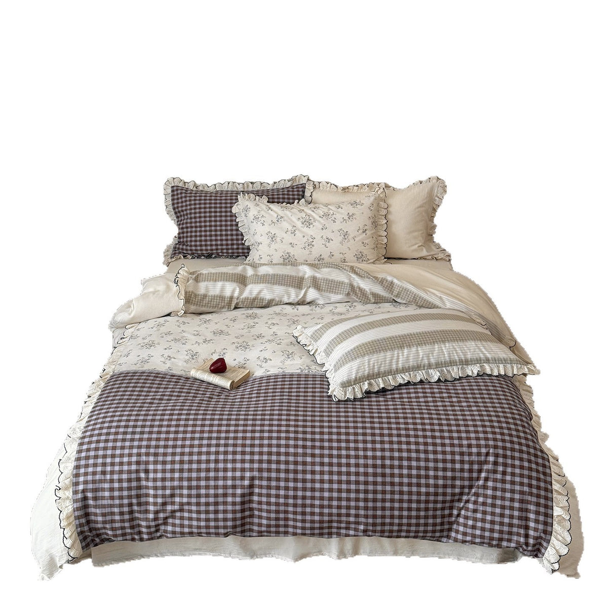 Rüschenaus Spitze-Trim Floral & Streifen Bettbezug Set mit Kissenbezügen